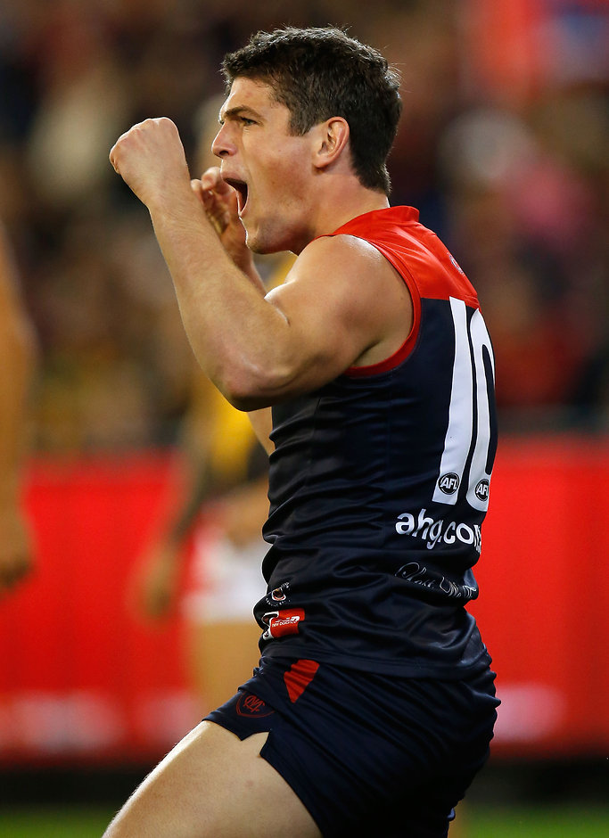 AFL 2016 Rd 05 - Melbourne v Richmond MELBOURNE, AUSTRALIA - APRIL 24: Angus Brayshaw of the Demons celebrates during the 2016 AFL Round 05 match between the Melbourne Demons and the Richmond Tigers at the Melbourne Cricket Ground, Melbourne on April 24, 2016. (Photo by Michael Willson/AFL Media)